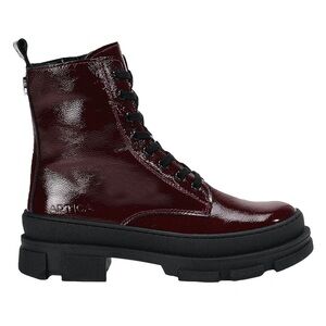 Ladies EUC Artica Patent Leather Fleece-lined Rugged Maroon Zip-up Combat Boots